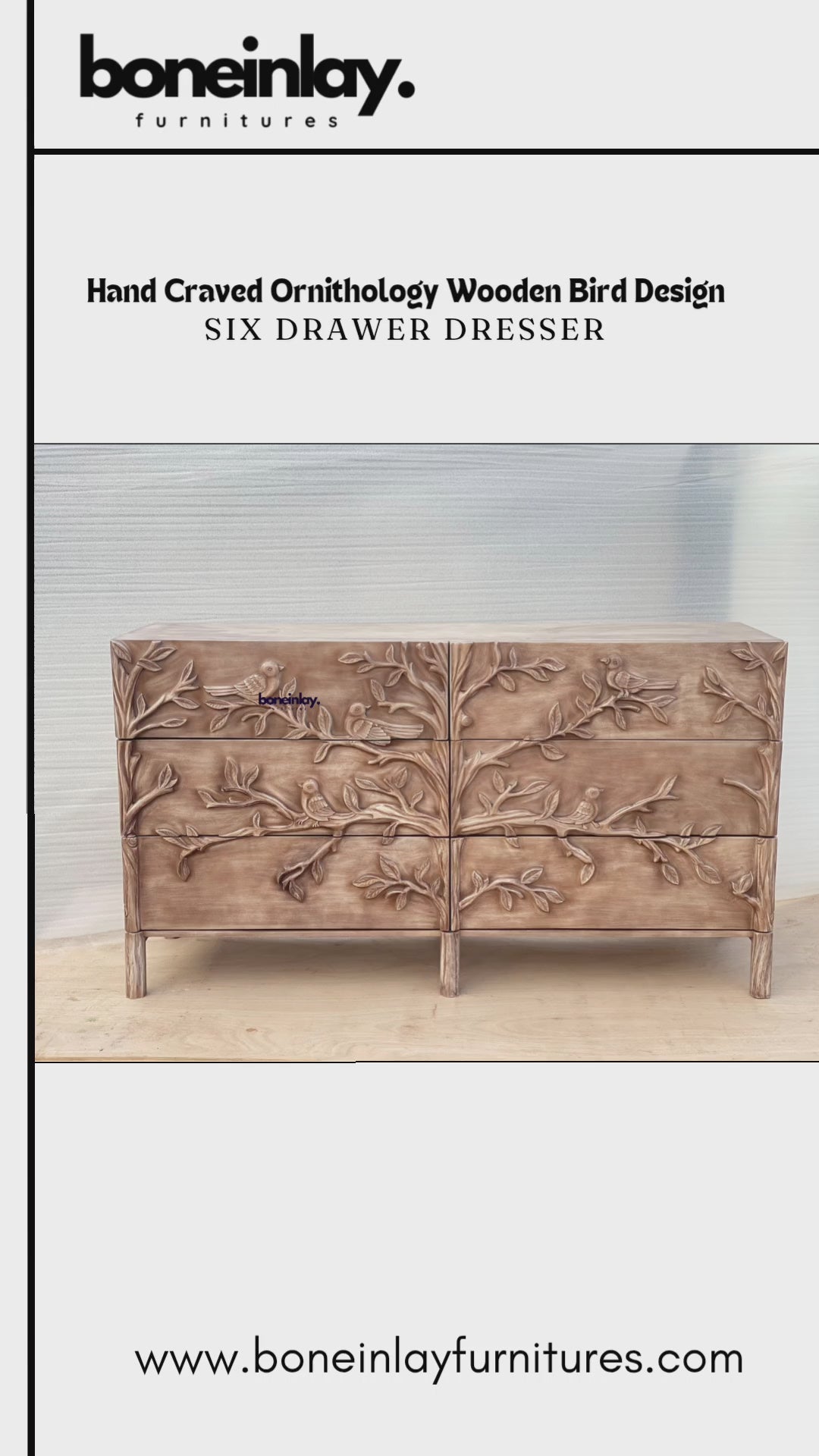 Ornithology Hand-Carved Six-Drawer Dresser | Sand-Wash Finish