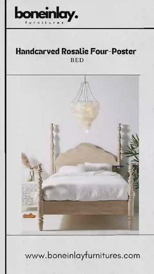 An elegant four-poster bed frame crafted from light-toned wood, featuring a scalloped headboard and intricately turned posts. The design blends classic silhouettes with a rustic, natural finish, showcasing a sturdy slatted base. The video highlights the bed both in a professional studio setting with white linens and in its raw form within a workshop.