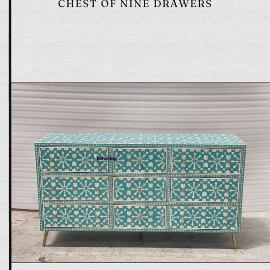 Add A Vibrant Touch To Your Home Decor With This Stunning Teal And White Handmade Bone Inlay Chest Featuring A Classic Moroccan Geometric Star Design. This Spacious Cabinet Offers Nine Ample Drawers For Organization, Each Adorned With A Delicate Gold Handle For Easy Access. The Beautifully Patterned Rectangular Frame Is Supported By Elegant Brass Legs That Provide A Chic Floating Effect.