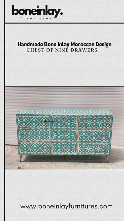 Add A Vibrant Touch To Your Home Decor With This Stunning Teal And White Handmade Bone Inlay Chest Featuring A Classic Moroccan Geometric Star Design. This Spacious Cabinet Offers Nine Ample Drawers For Organization, Each Adorned With A Delicate Gold Handle For Easy Access. The Beautifully Patterned Rectangular Frame Is Supported By Elegant Brass Legs That Provide A Chic Floating Effect.