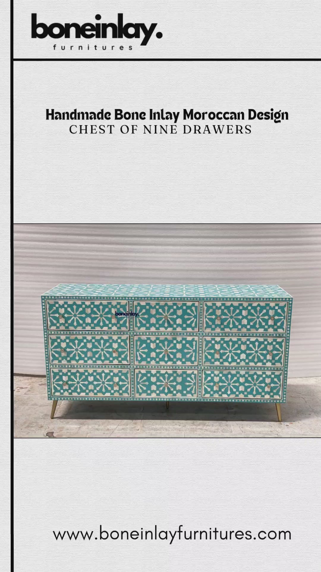 Add A Vibrant Touch To Your Home Decor With This Stunning Teal And White Handmade Bone Inlay Chest Featuring A Classic Moroccan Geometric Star Design. This Spacious Cabinet Offers Nine Ample Drawers For Organization, Each Adorned With A Delicate Gold Handle For Easy Access. The Beautifully Patterned Rectangular Frame Is Supported By Elegant Brass Legs That Provide A Chic Floating Effect.