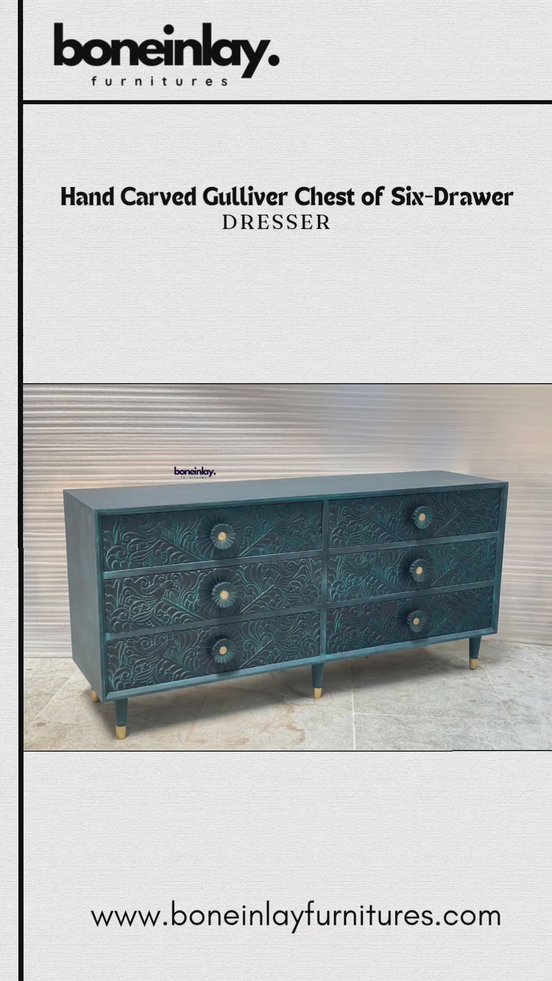 its natural, light-wood finish and intricate hand-carved floral patterns that cover the entire front surface. The video then transitions to a cinematic pan of the dresser in a workshop setting, providing a closer look at the organic texture and artisan detail.