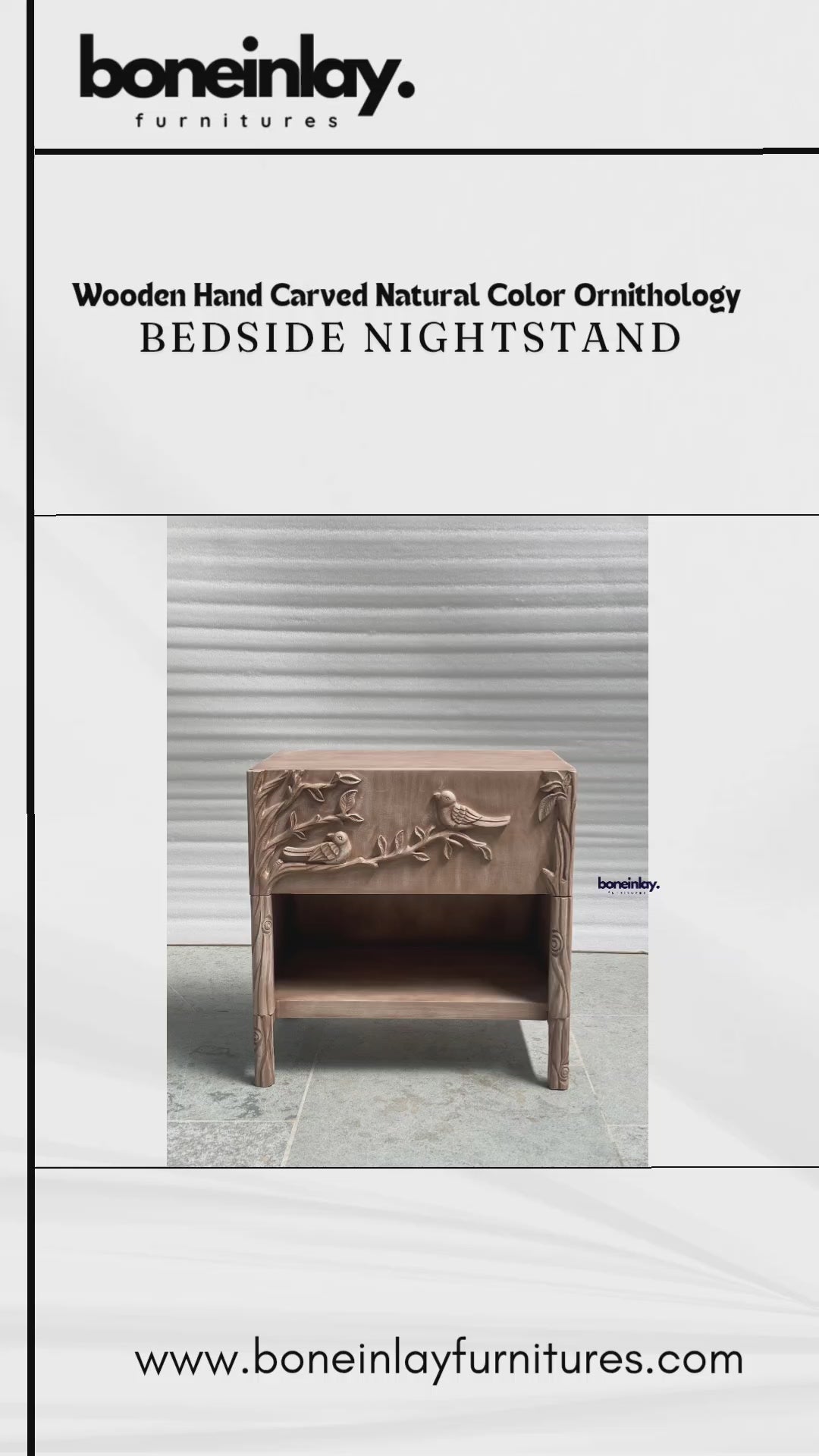 Hand-carved solid wood nightstand featuring a natural finish and an intricate ornithology relief. The single-drawer facade is masterfully sculpted with a detailed scene of birds perched on blossoming branches, doubling as a functional grip. This Bohemian-style bedside cabinet includes a spacious lower cubby and tapered legs with additional floral carvings, blending artisanal nature-inspired art with modern storage functionality.