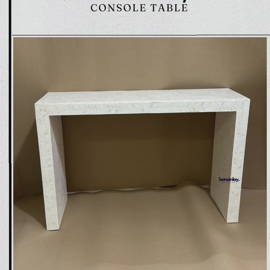 360-degree video of the Handmade Bone Inlay Console Table Floral Design | Custom Made Entryway Table, displaying all-over hand-carved floral bone inlay craftsmanship on a solid mango wood waterfall frame.