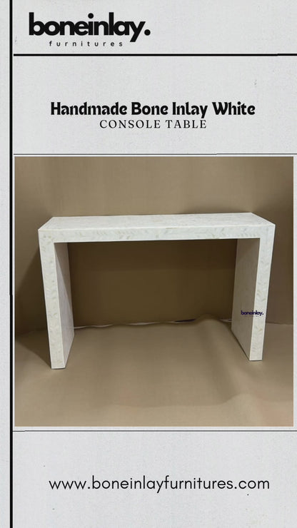 360-degree video of the Handmade Bone Inlay Console Table Floral Design | Custom Made Entryway Table, displaying all-over hand-carved floral bone inlay craftsmanship on a solid mango wood waterfall frame.