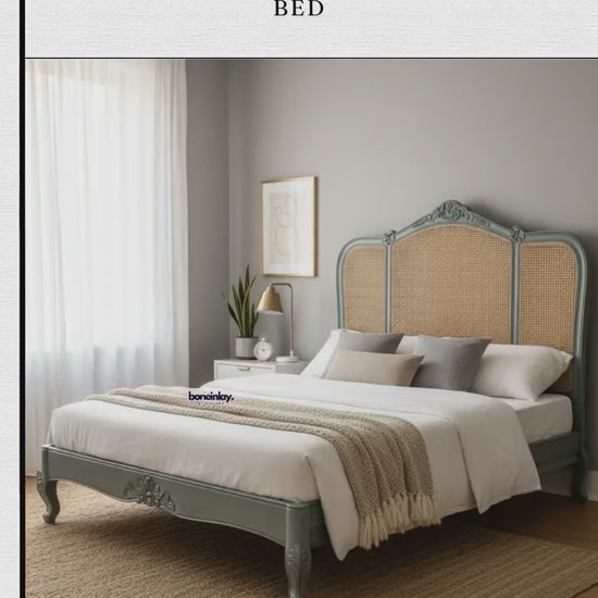 Bohemian style carved rattan bed featuring a woven cane headboard and grey painted wooden frame