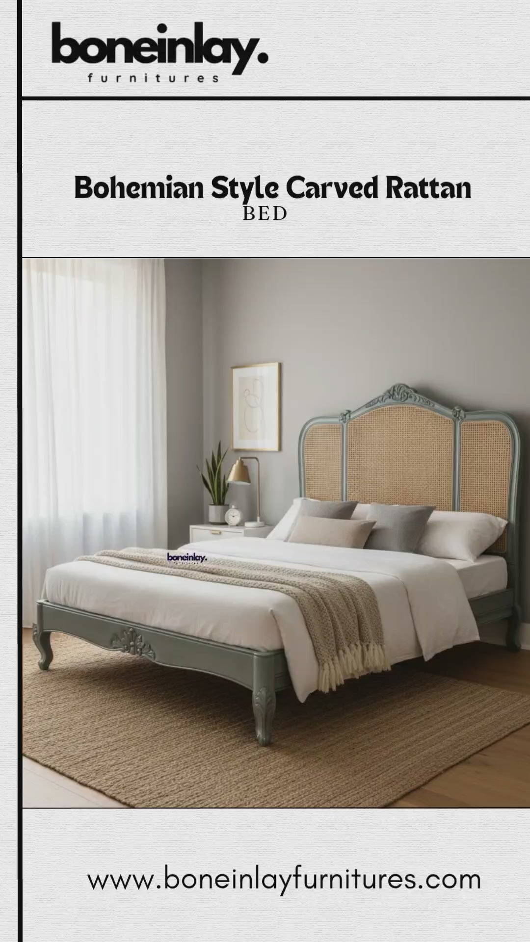 Bohemian style carved rattan bed featuring a woven cane headboard and grey painted wooden frame