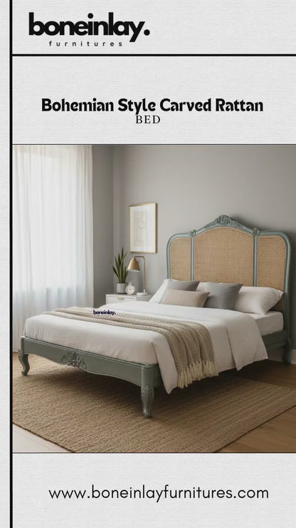 Bohemian style carved rattan bed featuring a woven cane headboard and grey painted wooden frame