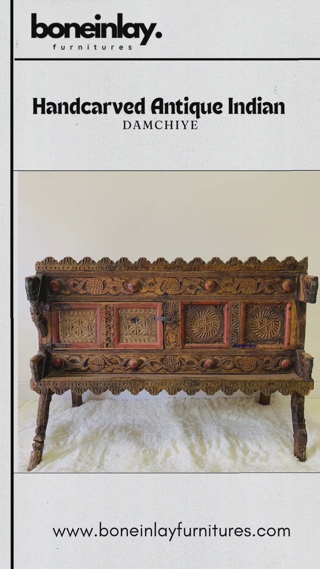 This video showcases a meticulously handcrafted antique Indian Damchiye, a traditional dowry chest featuring ornate wood carvings and vibrant, hand-painted accents. The camera pans across the detailed floral and geometric relief work, highlighting the hinged door storage and the piece's rustic, heritage-inspired aesthetic. This unique, masterfully crafted chest blends historical cultural artistry with functional, decorative storage for an upscale interior.