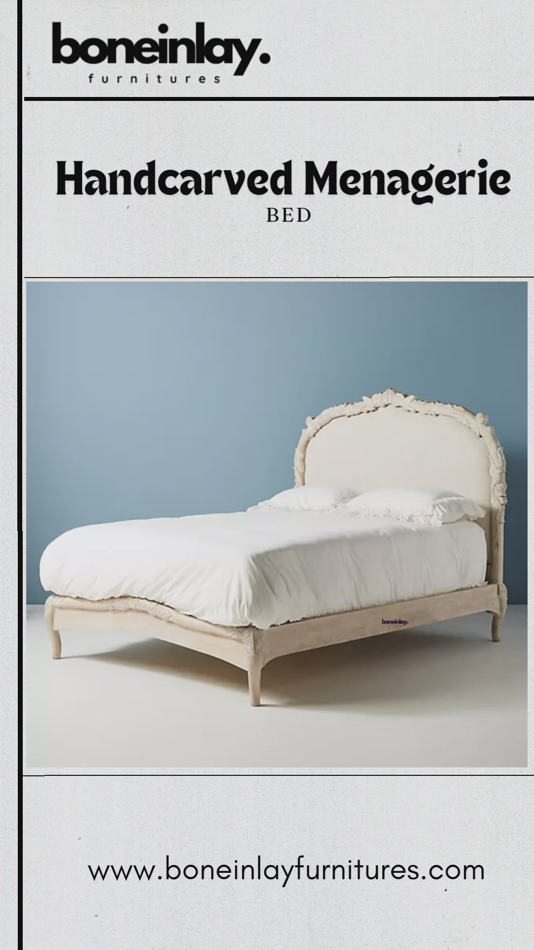 Detailed 360-degree video of a handcrafted Anthropologie Menagerie bed frame. Features distressed white-wash solid wood, intricate hand-carvings, and a pinstriped linen headboard. 