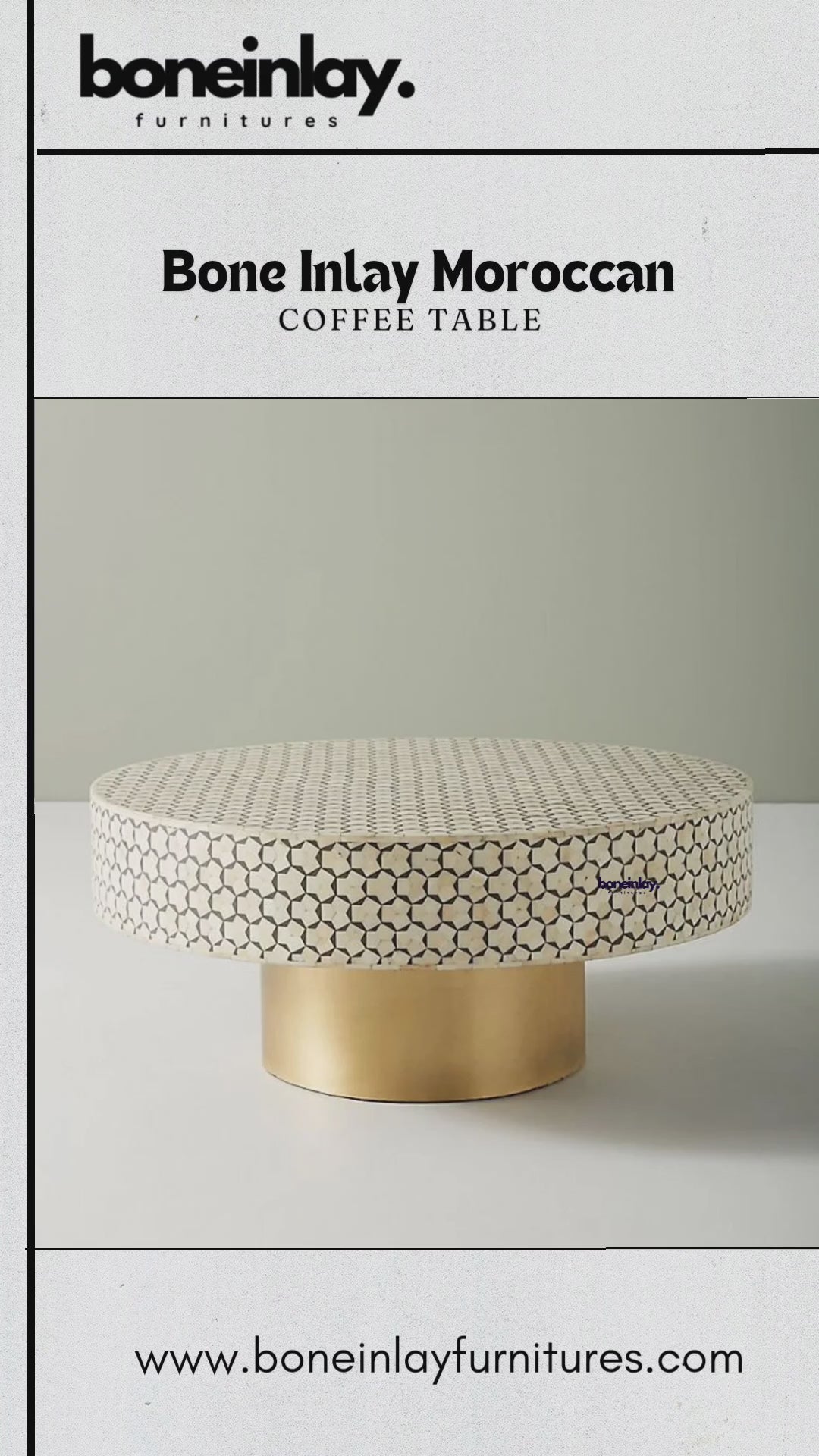 A round bone inlay Moroccan coffee table featuring an intricate, hand-placed geometric pattern in creamy white and soft grey tones. The circular tabletop rests on a solid cylindrical base with a brilliant gold-finished metal look, creating a sophisticated contrast between artisanal craft and contemporary luxury. Each small piece of bone is meticulously arranged to form a seamless, repeating star-like motif across the entire top and sides.