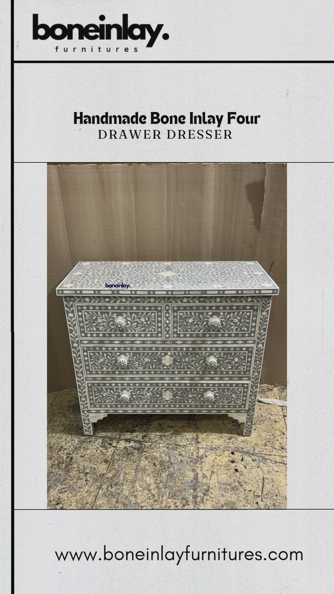 This elegant Handmade Bone Inlay Four-Drawer Dresser features a sophisticated gray finish with a classic white floral vine pattern. The unit includes two smaller top drawers and two larger bottom drawers, all accented with matching white knobs. Handcrafted with precision, the intricate design wraps around the entire piece, resting on four sturdy, decorative legs for a timeless aesthetic.