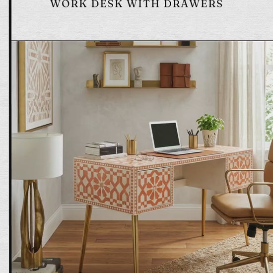 A promotional video showcasing a Handmade Bone Inlay Moroccan Office Work Desk with Drawers from boneinlayfurnitures.com. The desk features an intricate terracotta-orange and white geometric star pattern covering its exterior, supported by elegant gold hairpin legs. The video demonstrates the functionality of its two drawers by opening and closing them to reveal clean, spacious white interiors.