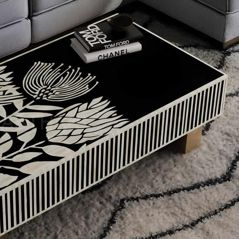 Monochrome tulip pattern rectangular bone inlay coffee table, handmade luxury furniture, intricate inlay craftsmanship for modern interiors