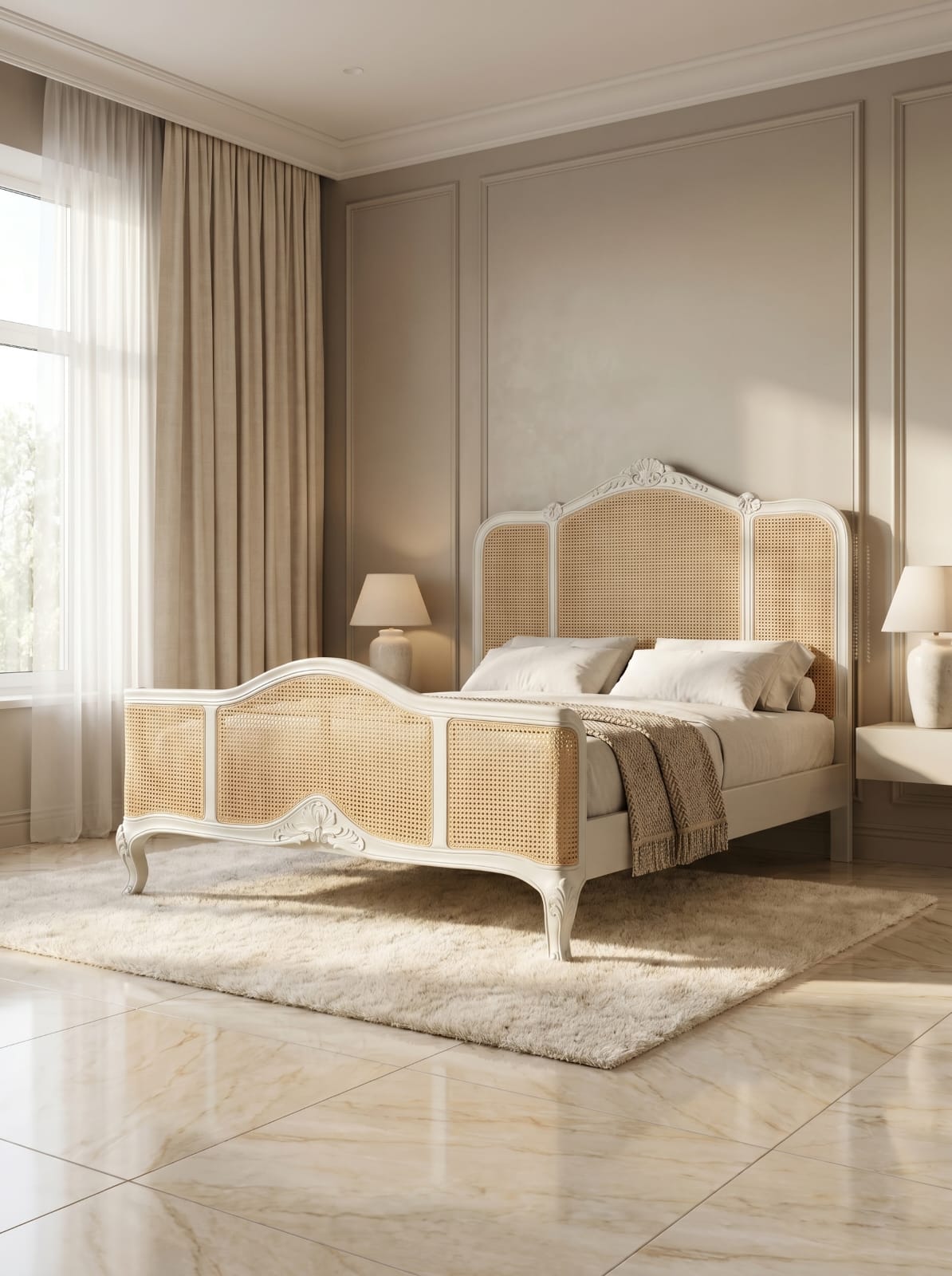 Boho-Chic Coastal Cottage Carved French Style Cane Bed