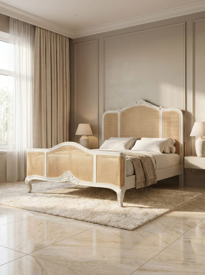 Boho-Chic Coastal Cottage Carved French Style Cane Bed