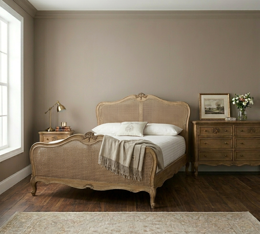 French Design Hand Carved Caned Provincial Bed with Headboard