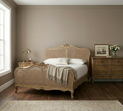 French Design Hand Carved Caned Provincial Bed with Headboard