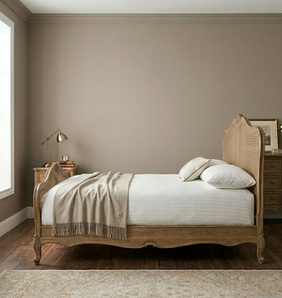 French Design Hand Carved Caned Provincial Bed with Headboard