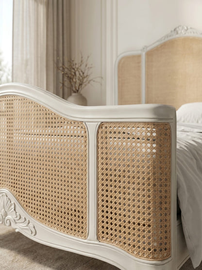 Boho-Chic Coastal Cottage Carved French Style Cane Bed