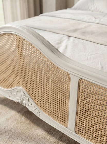 Boho-Chic Coastal Cottage Carved French Style Cane Bed