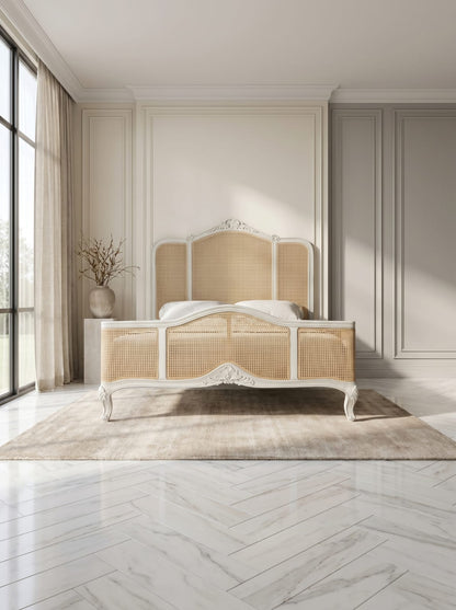 Boho-Chic Coastal Cottage Carved French Style Cane Bed