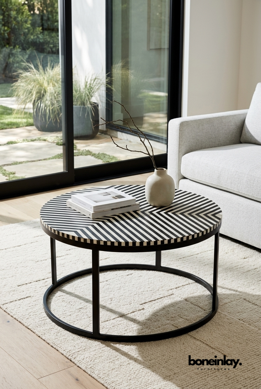 A round coffee table with a black and white striped bone inlay top and a minimalist black metal circular frame on a textured cream rug.