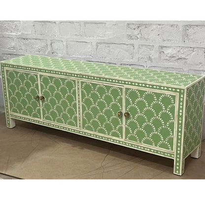 Shop our handcrafted sage green bone inlay sideboard. Featuring a unique scalloped fan design and 4 doors for luxury storage. Upgrade your home today!