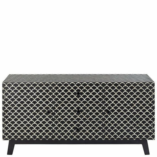 Scalloped Black Bone Inlay Credenza: Three Drawers, Two Doors, Statement Piece Sideboard - Bone Inlay Furnitures