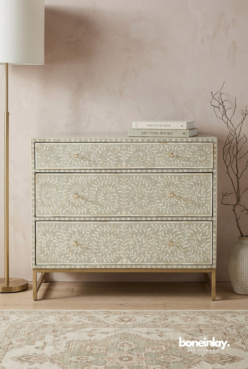 Grey Floral Bone Inlay Chest of Drawers with Gold Base