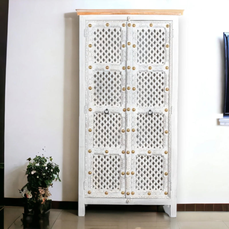 Shabby Chic Style White Solid Wood Armoire – Hand Carved Wardrobe With Doors Armoire - Bone Inlay Furnitures