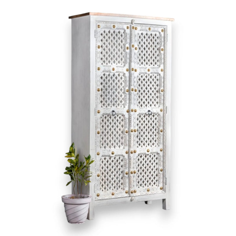 Shabby Chic Style White Solid Wood Armoire – Hand Carved Wardrobe With Doors Armoire - Bone Inlay Furnitures