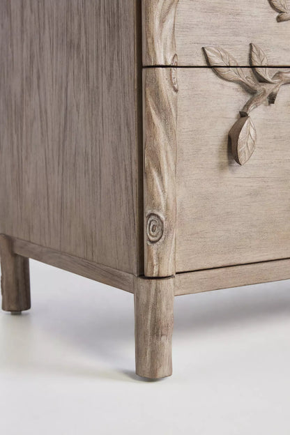 Side angle view of Ornithology hand-carved solid wood dresser with six smooth-glide drawers in greige sand-wash finish