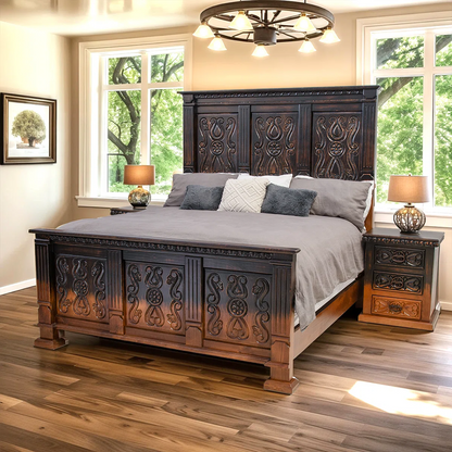 Midnight Fade luxurious solid wood bed frame showcasing a dramatic hand-carved high headboard with an ombré black and natural wood two-tone finish.