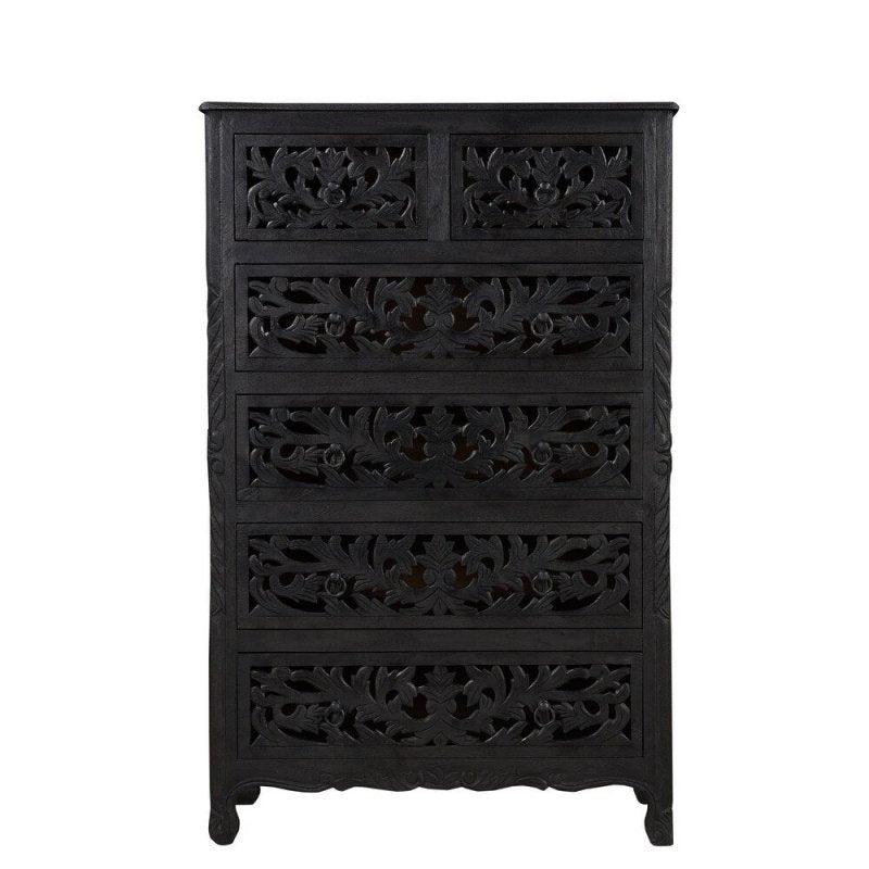 Solid Wooden Carved Tallboy Chest of Five Drawers Chest of Drawer - Bone Inlay Furnitures