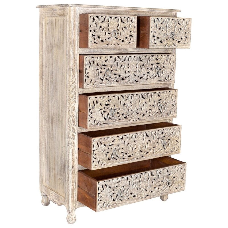 Solid Wooden Carved Tallboy Chest of Five Drawers Chest of Drawer - Bone Inlay Furnitures