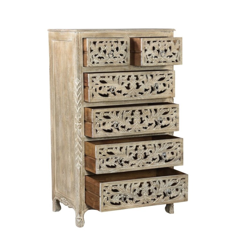 Solid Wooden Carved Tallboy Chest of Five Drawers Chest of Drawer - Bone Inlay Furnitures