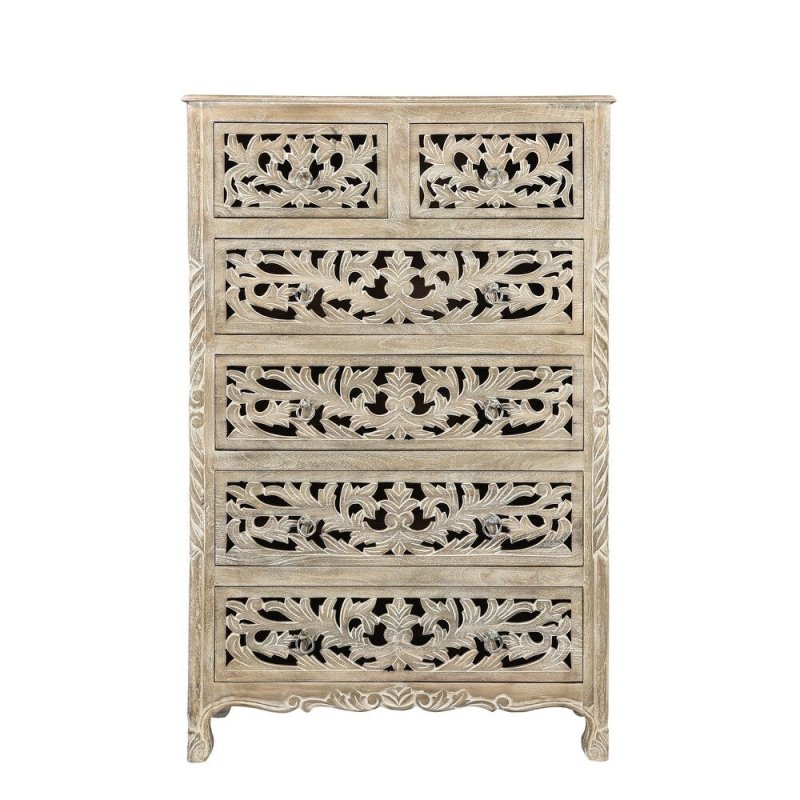 Solid Wooden Carved Tallboy Chest of Five Drawers Chest of Drawer - Bone Inlay Furnitures
