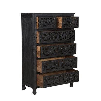 Solid Wooden Carved Tallboy Chest of Five Drawers Chest of Drawer - Bone Inlay Furnitures