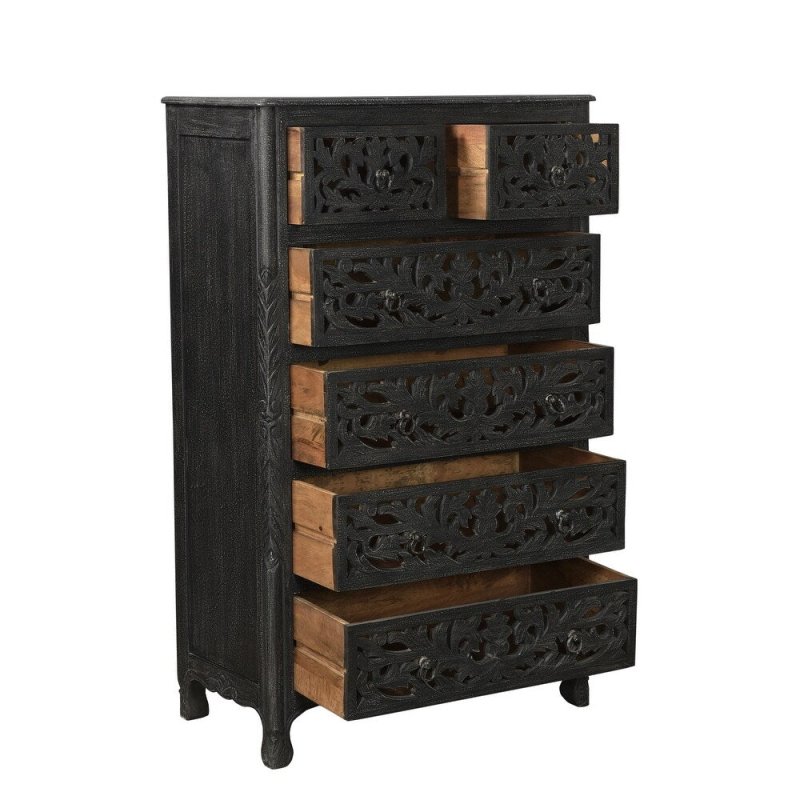 Solid Wooden Carved Tallboy Chest of Five Drawers Chest of Drawer - Bone Inlay Furnitures