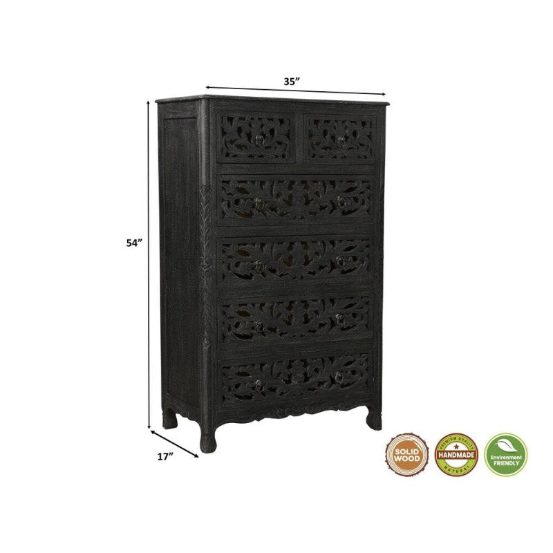 Solid Wooden Carved Tallboy Chest of Five Drawers Chest of Drawer - Bone Inlay Furnitures