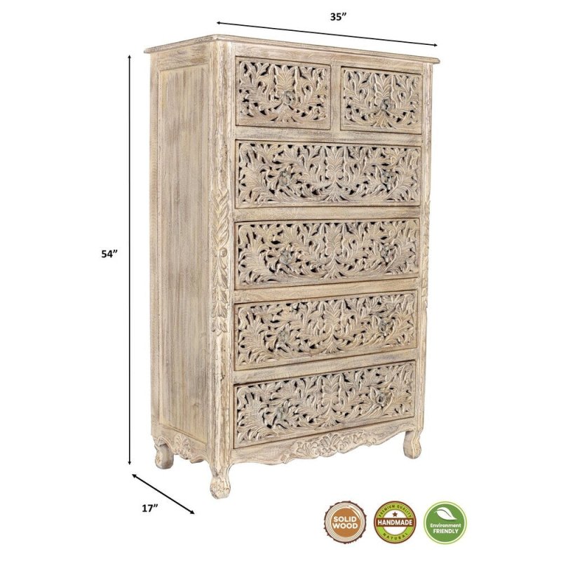 Solid Wooden Carved Tallboy Chest of Five Drawers Chest of Drawer - Bone Inlay Furnitures