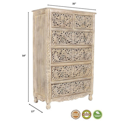 Solid Wooden Carved Tallboy Chest of Five Drawers Chest of Drawer - Bone Inlay Furnitures