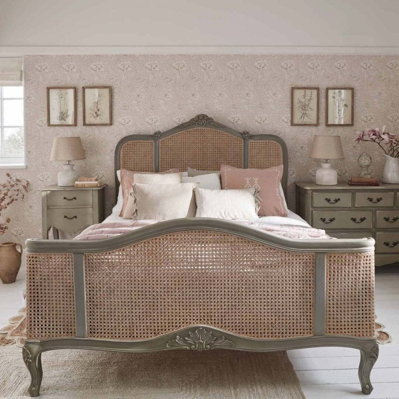 Solid Wooden Hand Carved French Style Cane Bed Beds & Bed Frames - Bone Inlay Furnitures