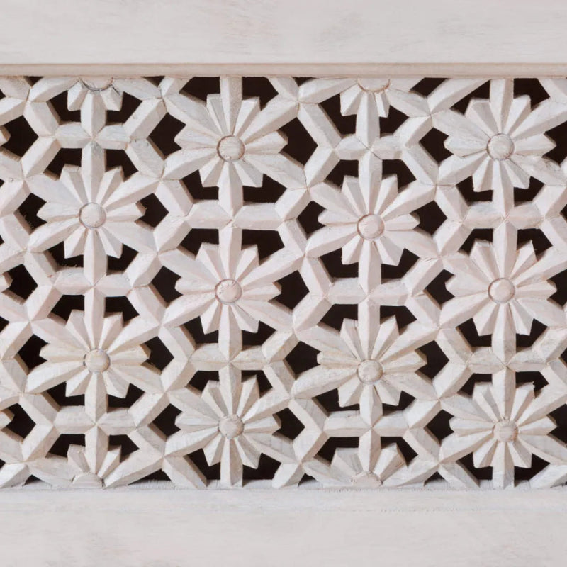 Solid Wooden White Color Hand Carved Media TV Unit Console Media Console - Bone Inlay Furnitures