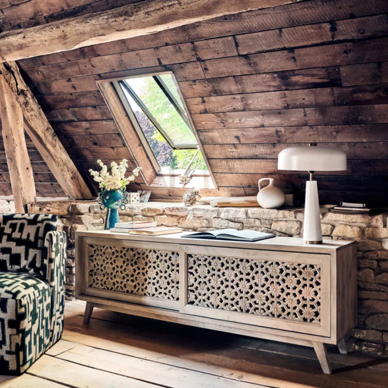 Solid Wooden White Color Hand Carved Media TV Unit Console Media Console - Bone Inlay Furnitures