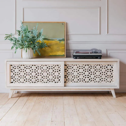 Solid Wooden White Color Hand Carved Media TV Unit Console Media Console - Bone Inlay Furnitures