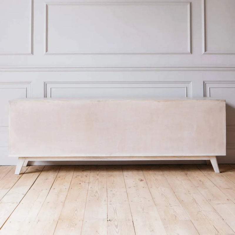 Solid Wooden White Color Hand Carved Media TV Unit Console Media Console - Bone Inlay Furnitures