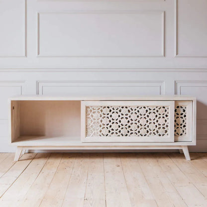 Solid Wooden White Color Hand Carved Media TV Unit Console Media Console - Bone Inlay Furnitures