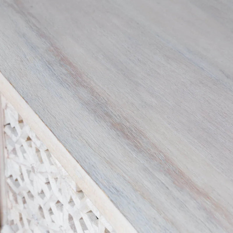 Solid Wooden White Color Hand Carved Media TV Unit Console Media Console - Bone Inlay Furnitures